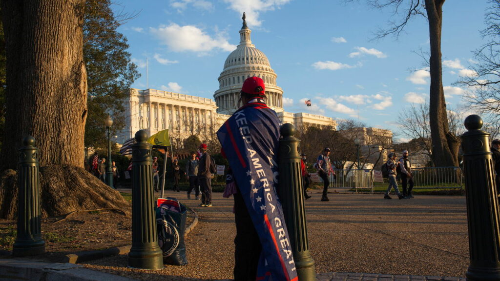 A Donald Trump supporter, draped in a 'Keep America Great' flag, demonstrating against the presidential election results in 2020.
